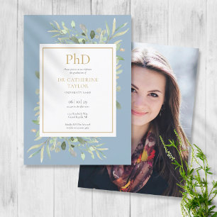 Invitation Diplôme Phd Dusty Blue Greenery Photo Graduation