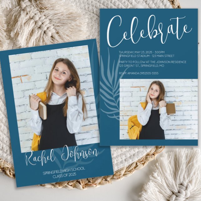 Invitation Diplôme Photo Bleue (Blue and gold graduation announcement)