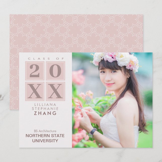Invitation Diplôme | Photo moderne Carré rose pâle (Devant / Derrière)
