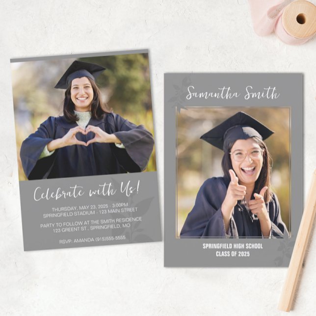 Invitation Diplôme Photo Moderne Gris (Modern Graduation Announcement)