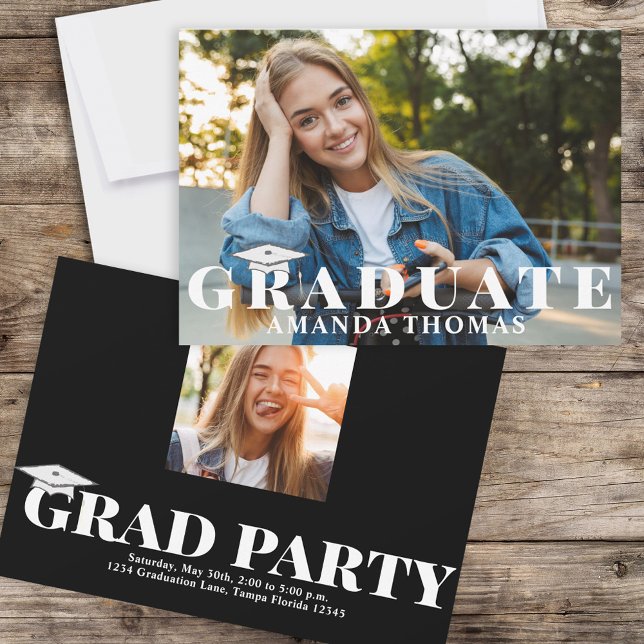 Invitation Diplômé Photo moderne Typographie simple Noir (Créateur téléchargé)