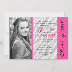 Invitation Diplôme photo rose chaud et zèbre