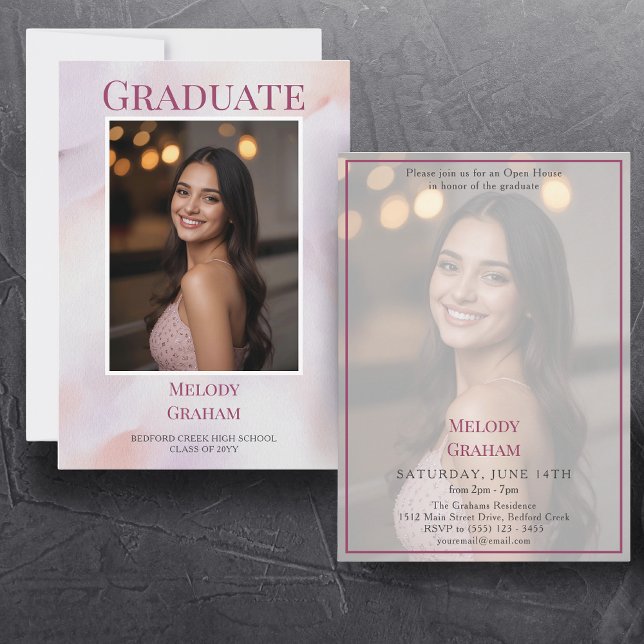 Invitation Diplômé Photo Transparente Pastel Élégant (watercolor graduation abstract pink one photo graduate semi-transparent pink)