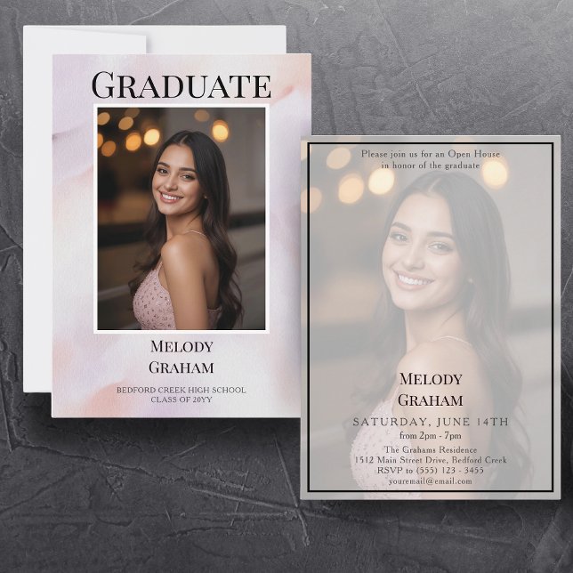 Invitation Diplômé Photo Transparente Pastel Élégant (watercolor graduation abstract pink one photo graduate semi-transparent)
