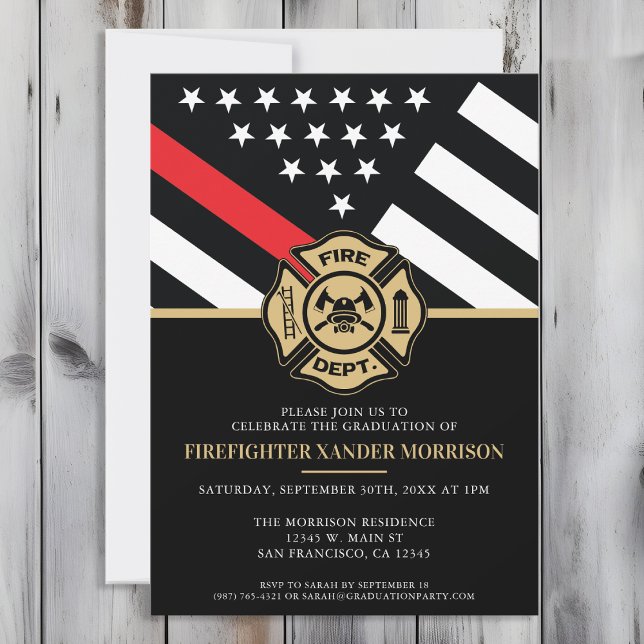 Invitation Diplômé Pompiers Drapeau Ligne Rouge Pompiers (Perfect invitation to invite guests to celebrate the new fire academy graduate in fire fighting!)