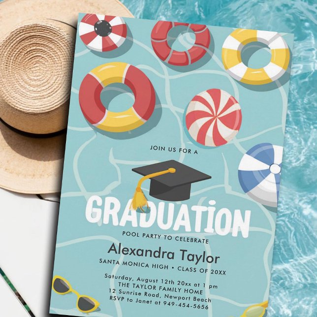 Invitation Diplôme Pool Party Lycée Collège Fun Cool (graduation pool party invitation gender neutral high school college university 5th 8th grade modern)
