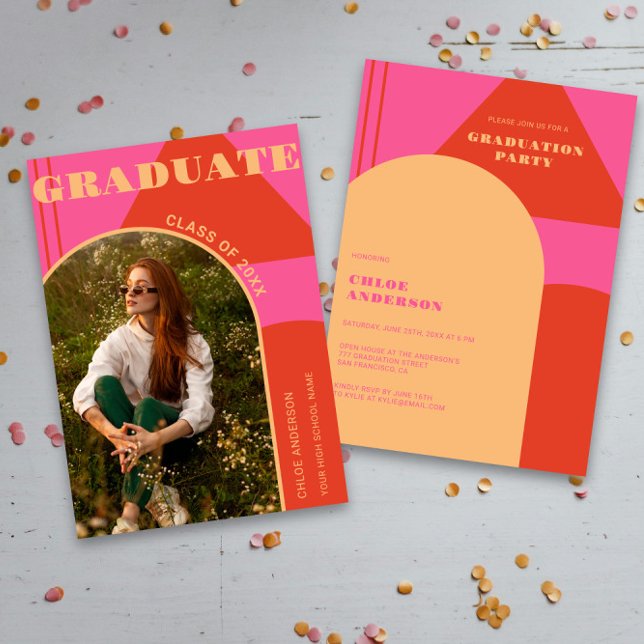 Invitation Diplôme Retro Arch Rose & Orange Photo (Créateur téléchargé)