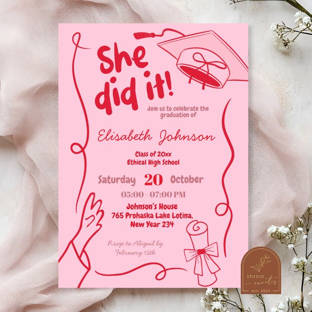 Invitation Diplôme Rouge Dessinée à la Main Elle a Réussi (Créateur téléchargé)
