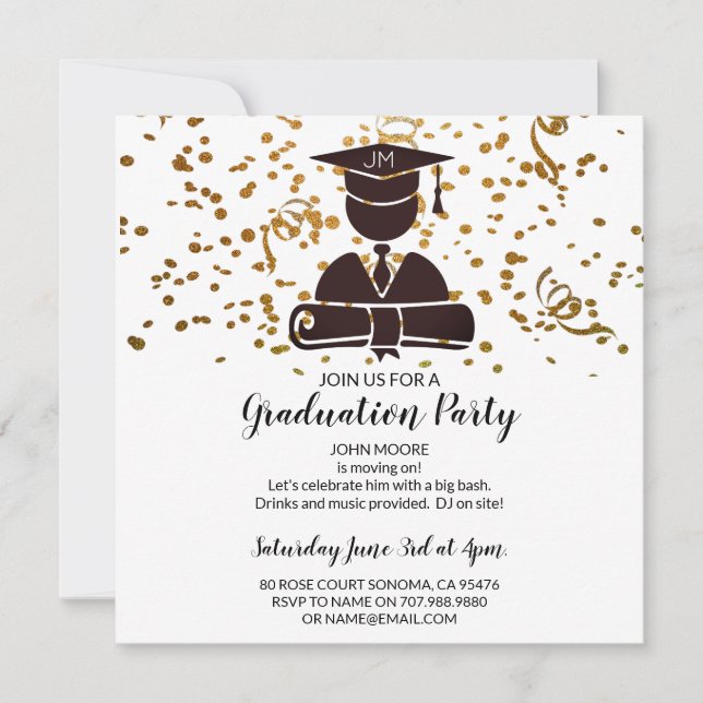 Invitation Diplôme Silhouette et Casquette Confetti (Devant)