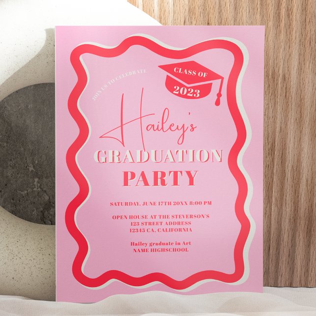Invitation Diplôme vague gribouillis courbe rose rouge rétro (Retro pink red curve squiggle wavy graduation invitation)