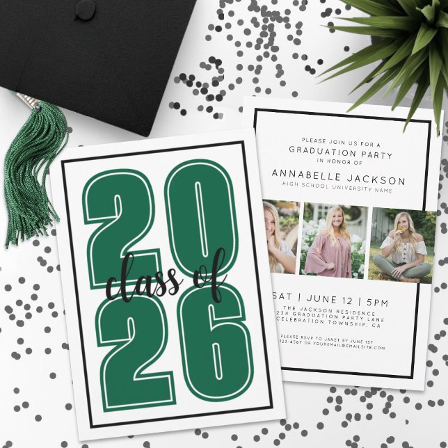 Invitation Diplômé Vert Photo Remise des diplômes (Simple Green Graduate Photo Graduation Invitation)