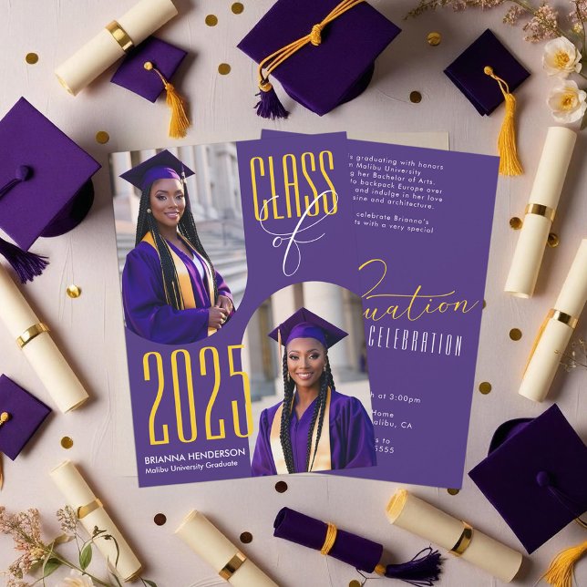 Invitation Diplômé Violet et Jaune avec Photos en Arc (Purple and Yellow Gold Graduation Invitation)