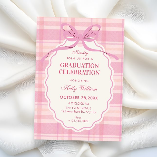 Invitation Diplômée à noeud papillon carreaux rose (Créateur téléchargé)