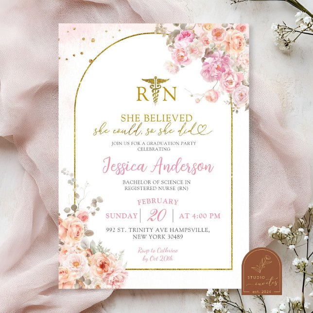 Invitation Diplômée Fleurie Rose Blush Infirmière (Créateur téléchargé)