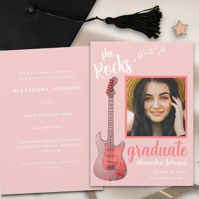 Invitation Diplômée Photo Pink Script She Rocks Country Music (Pink guitar graduate photo modern script Graduation announcement card )