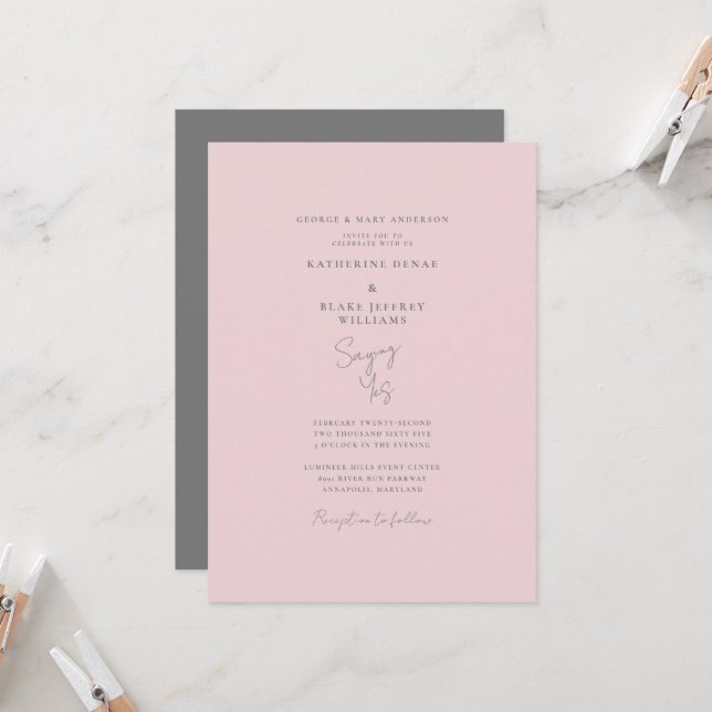 Invitation Dire Oui Mariage Élégant Rose & Gris (Devant/Arrière en situation)