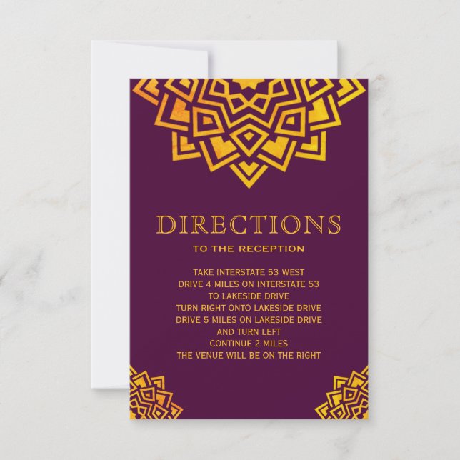 Invitation Directions indiennes Mandala Or Prune Moderne (Devant)