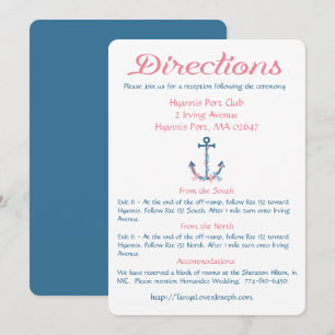 Invitation Directions nautiques Ancre de bateau bleue et rose