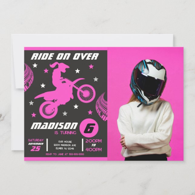 Invitation Dirt Bike Motocross Motorbike Girl Photo Birthday  (Devant)