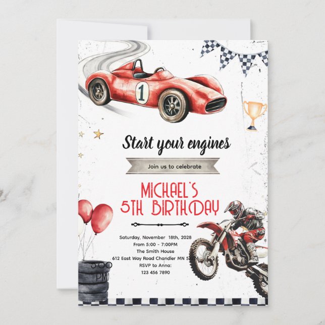 Invitation Dirt Bikes and race car theme invite (Devant)