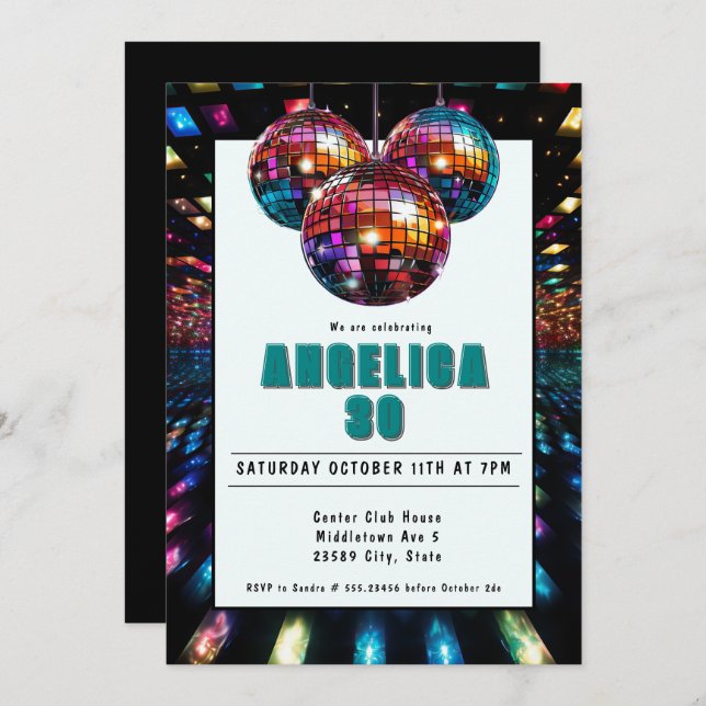 Invitation Disco Anniversaire Noir Turquoise (Devant / Derrière)