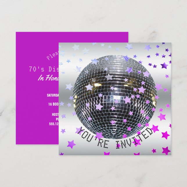 Invitation Disco Anniversaire violet | Retro les années 70 Di (Devant / Derrière)
