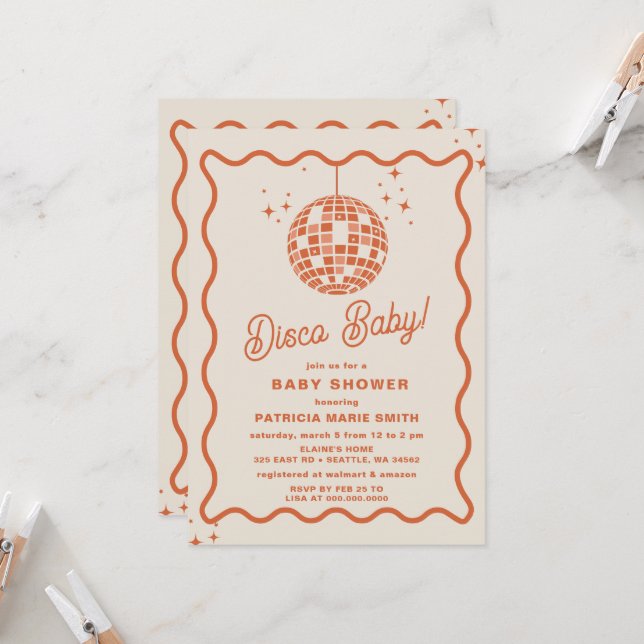 Invitation Disco Baby Retro Baby shower Disco Super (Devant/Arrière en situation)
