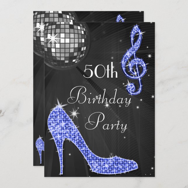 Invitation Disco Ball and Heels Black & Blue 50e anniversaire (Devant / Derrière)