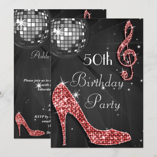 Invitation Disco Ball and Heels Black & Red 50e anniversaire (Devant / Derrière)