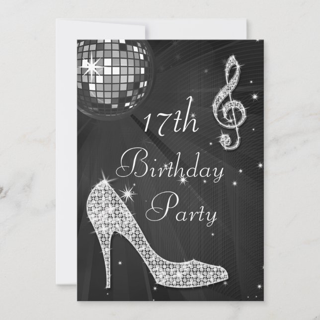 Invitation Disco Ball and Heels Black & Silver 17e anniversai (Devant)