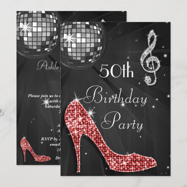 Invitation Disco Ball and Heels Black & Silver 50e anniversai (Devant / Derrière)