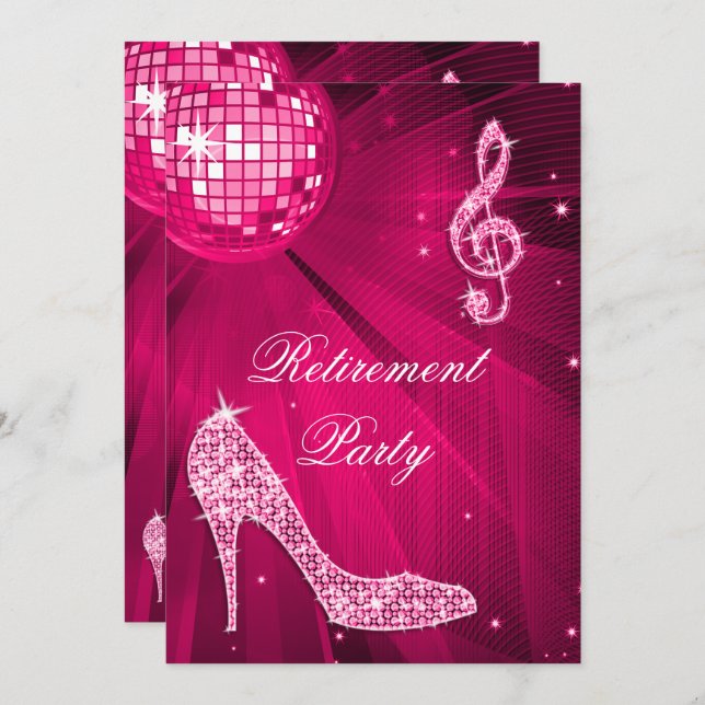 Invitation Disco Ball and Sparkle Heels Pink Retirement (Devant / Derrière)