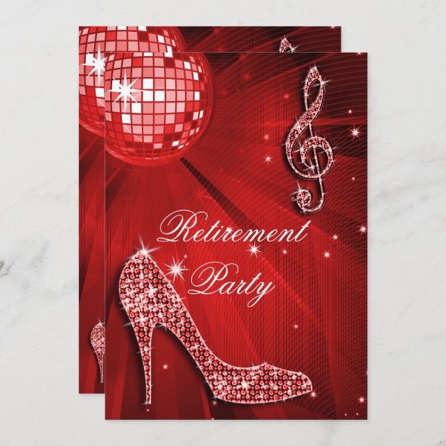 Invitation Disco Ball and Sparkle Heels Red Retirement (Devant / Derrière)