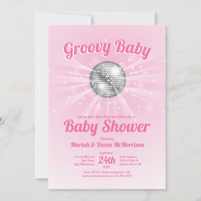 Invitation Disco Ball Baby shower fille rose Super (Devant)