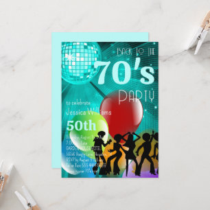 Invitation Disco Ball & Balloons Retro 70's Anniversaire Turq