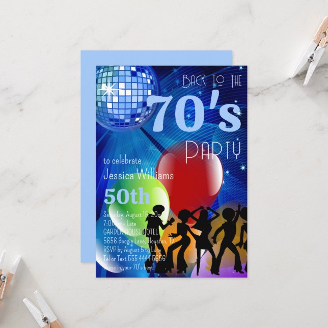 Invitation Disco Ball & Balloons Retro 70's Blue Anniversaire (Devant/Arrière en situation)