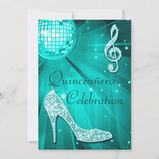 Invitation Disco Ball et talons d'étincelles Turquoise Quince (Devant)