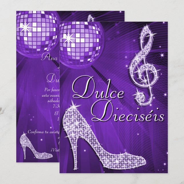 Invitation Disco Ball Lilac & Talons à Briller Sweet 16 (Devant / Derrière)