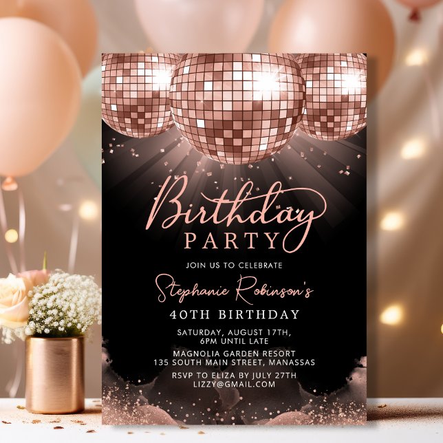 Invitation Disco Ball Moderne Rose Gold 40e fête d'anniversai (Créateur téléchargé)