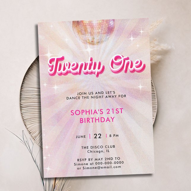 Invitation Disco Ball rose Turquoise Retro Dance 21e annivers (disco ball 21st birthday invitation girls blush pink vintage retro 70s dance party sparkle glitter)