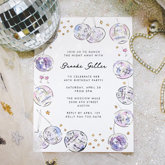 Invitation Disco Ball Watercolor fête d'anniversaire (Stunning watercolor disco balls frame this birthday party invitation in lovely purple and pink hues.)