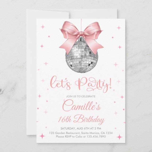 Invitation Disco ball with pink bow girl birthday  (Devant)
