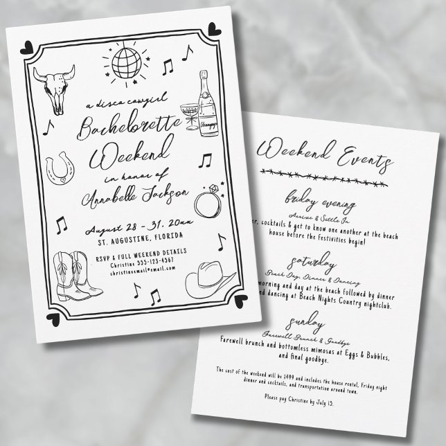 Invitation Disco Cowgirl Hand Drake Bachelorette Party (Disco Cowgirl Hand Drawn Bachelorette Party Invitation)