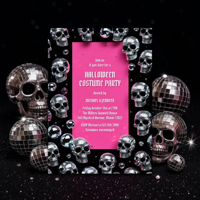 Invitation Disco Crâne rose Glam Halloween Costume Party (Disco Skull Pink Halloween Costume Party – Glam Spooky Chic)
