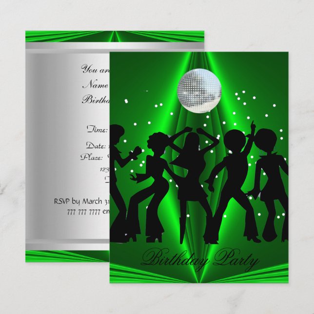 Invitation Disco Dance Green fête d'anniversaire (Devant / Derrière)
