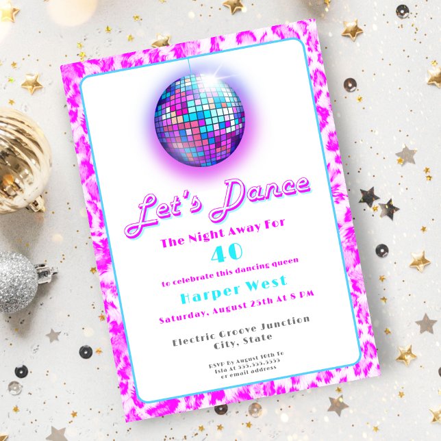 Invitation Disco Empreinte de léopard rose Retro Danse Annive (A disco fun invitation for your milestone birthday!)