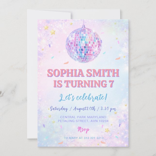 Invitation Disco Fantaisiste pour l'anniversaire d'une fille (Devant)
