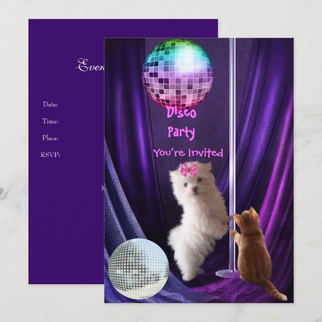 Invitation Disco Fête Chien Chat Maltais Chiot (Devant / Derrière)