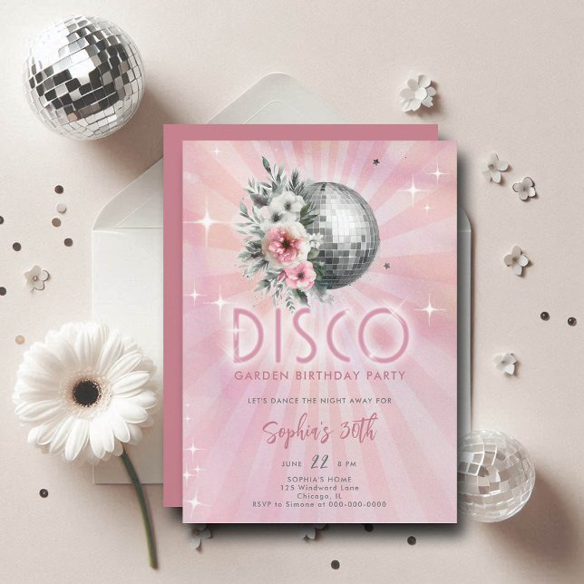 Invitation Disco Garden Party les années 70 Super Retro 30e a (disco garden party 30th birthday invitation groovy 70s ball floral roses)