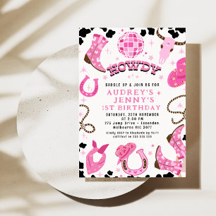 Invitation Disco moderne Hot Pink Twins Cowgirls 1er annivers